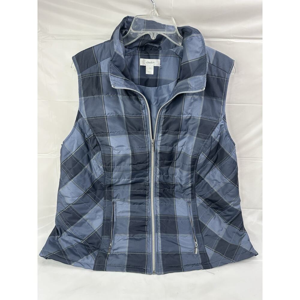 CJ Banks Vest Size 1X Blue Plaid Full Zip Collared Classic Cabin Country
